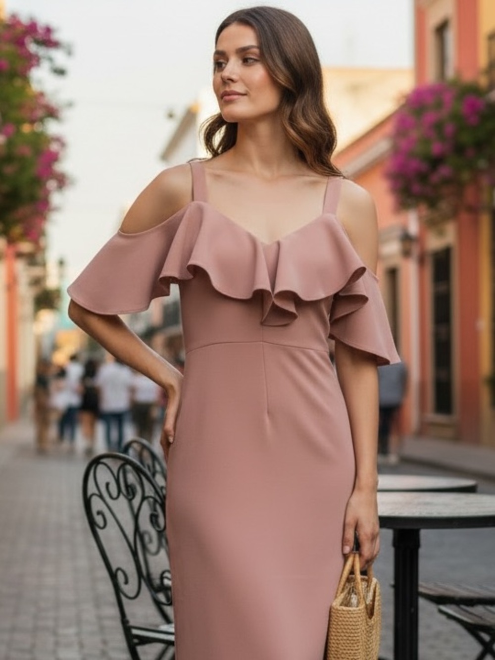 RACHEL Rachel Roy Dusty Rose Cold-Shoulder Ruffle Midi Dress s